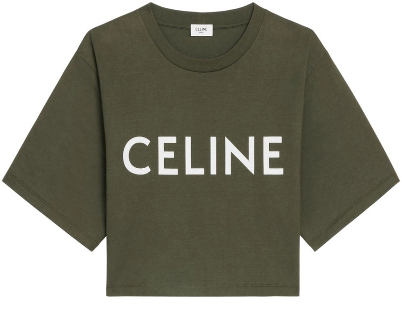 Cropped Celine t-shirt in cotton fleece dark kaki